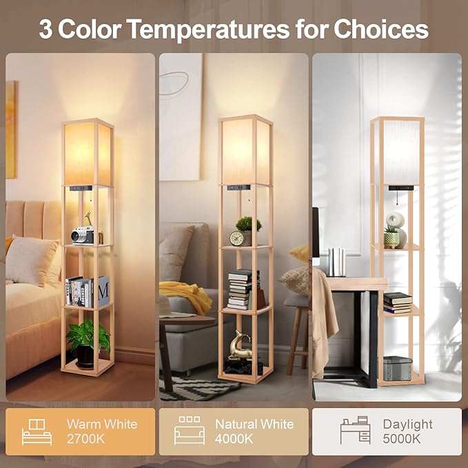OUTON Floor Lamp with Shelves, LED Shelf Floor Lamp with 1 USB & 1 Type C Ports, 1 AC Outlet, 3 Color Temperature, Storage Display Wood Column Tall Standing Lamp for Living Room, Bedroom Office, Wood