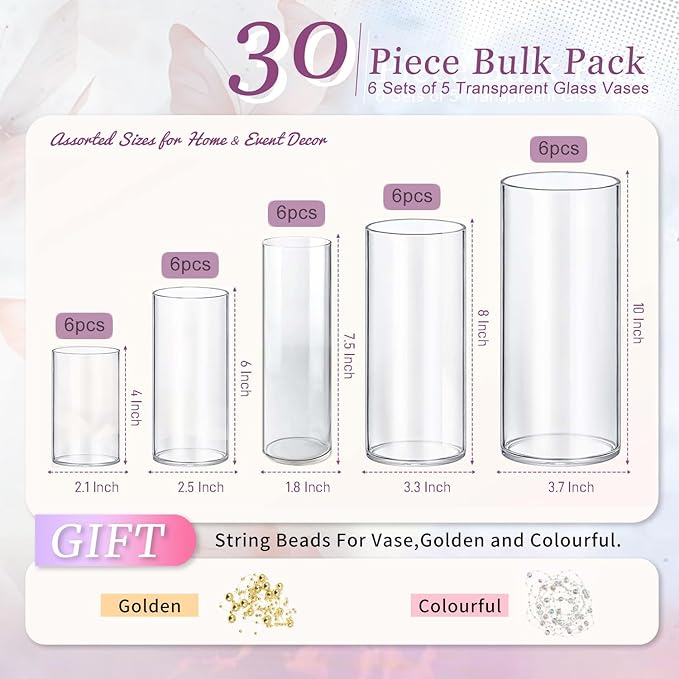 30pcs Glass Vase Cylinder Vases for Centerpieces Small Flower Glass Vases Home Decor Centerpiece Table Clear Flower Vase Decorations for Wedding＆Holiday 4,6,7.5,8,10 Inch Tall