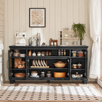 Large Black Sideboard Buffet Cabinet with Storage, Vintage Farmhouse 60" Wide Credenza Accent Cabinets with Glass Doors & Wood Legs, Kitchen Console Bar Table for Dining Room, Living Room