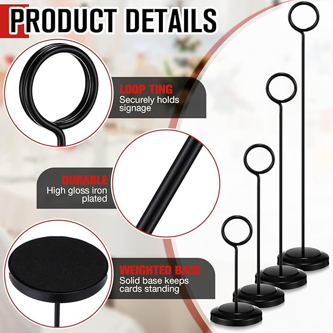 20 Pcs Table Number Holders 4/6/8/10 Inch Place Card Holder Stands Wire Photo Clips Metal Table Card Stands for Centerpieces, Photos, Food Signs, Birthdays, Weddings(Black)