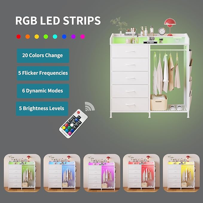 LUMTOK Modern 5 Dresser with LED Hanging Rack, Dresser with Clothes Rack, Hanger Rack, and Storage Drawers, Drawer Dressers with Coat Racks for Bedroom Living Room, Entryway, Closets (White)