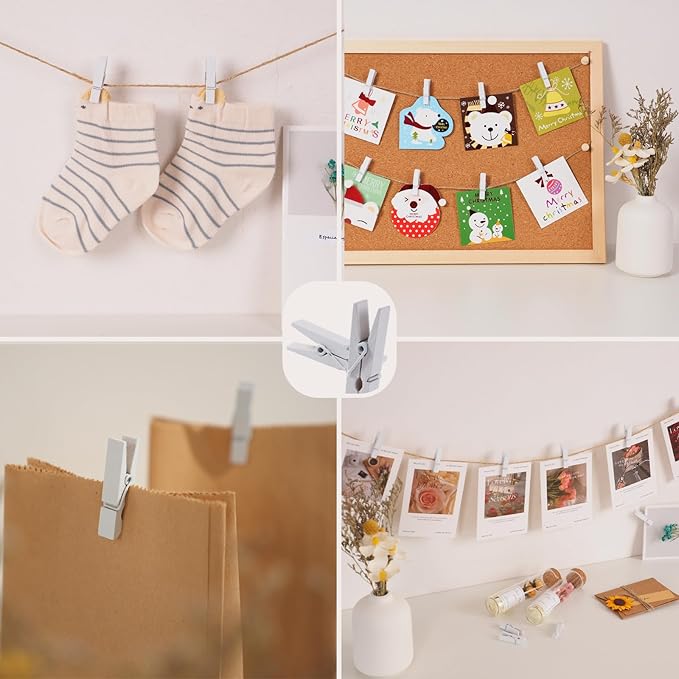 100Pcs White Mini Wooden Clothespins with 328ft Jute Twine - Photo Display Clips for Hanging Pictures, Crafts, Wall Art, Baby Showers (1.4 Inch, White)