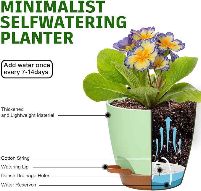 Uneed Indoor Self Watering Planters with Drainage Holes and Saucers, 7/6.5/6/5.5/5 Inch-5 Pots,for Indoor Plants, Herbs, Succulents-Green
