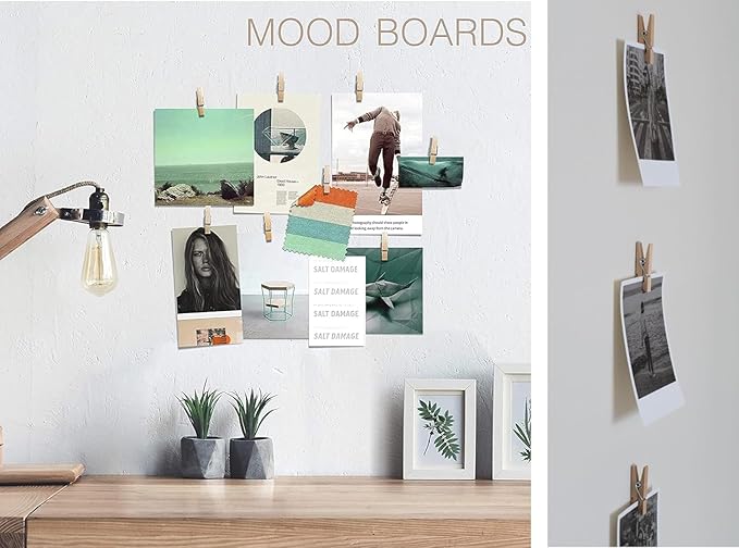 100 Pack Mini Self Adhesive Clips for Pictures - Wood Clip Photo Holders for Wall, Photo Cards Hanging Display Board & Picture Boards, Artwork Photos Holders Hangers Room Decor (Light Wood 100pack)