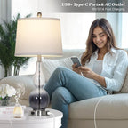 27.5" Gradual Gray Clear Glass Table Lamp Set of 2,3-Way Dimmable Touch Control Bedside Lamps with USB Ports and AC Outlet, Modern Nightstand Lamps for Bedroom Living Room