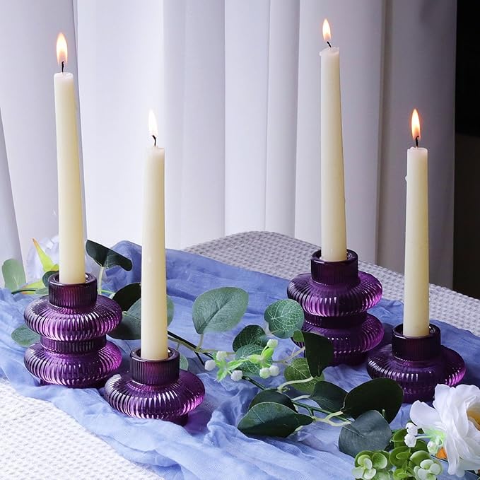 VOHO Purple Taper Candle Holders Ribbed Glass Gifts, 6 A Pack Candlestick Holders for Table Centerpiece Christmas/Halloween Decorations, Versatile Candle Holders for Candlesticks or Tea Lights Candles