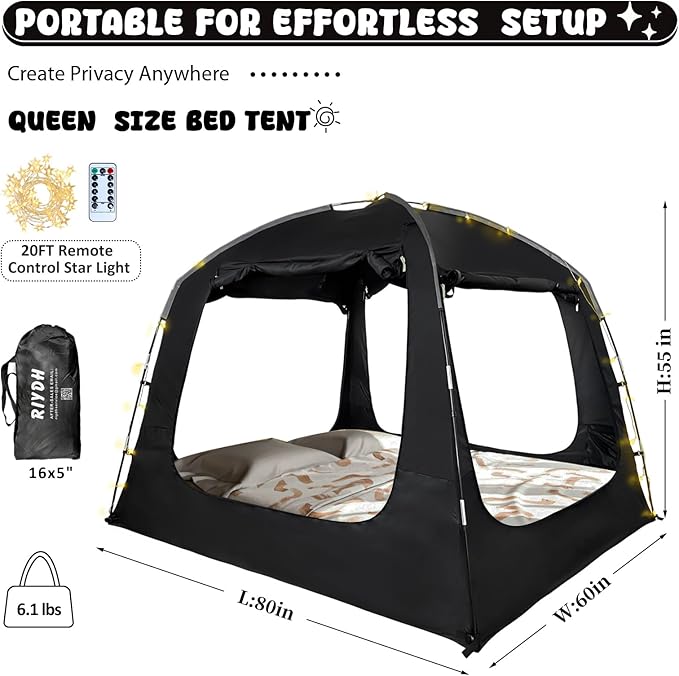 Bed Tent Bed Canopy Breathable 100% for Adult and Kids Light Reduction Sleeping Dream Tents Indoor Portable Big Space with String Light 4 Doors Twin Full Queen King Size