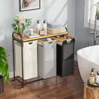 Laundry Hampers 3 Section, Laundry Sorter with Removable Shelf and Pull-Out Bags, Clothes Hampers with Wheels Rolling Cart Basket for Laundry Room Bathroom, 3 x 40 L (Black White Gray)