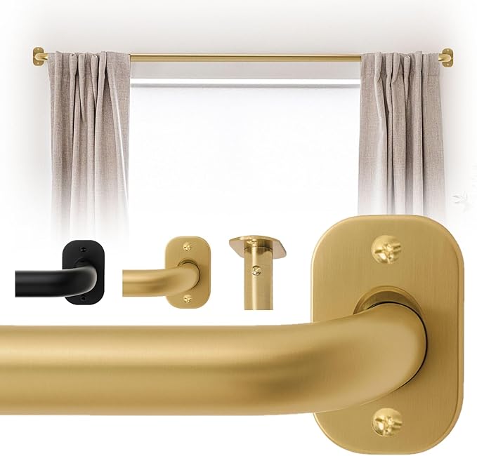 Blackout Curtain Rod Wrap Around Design - Adjustable 36-66 Inches - Wall/Ceiling Mount - Heavy Duty Metal - Room Darkening French Return Drapery Hardware - Modern Minimalist Bracket - Brushed Gold