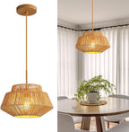 Rattan Chandelier Light Fixtures: 1-Light Boho Pendant Lights with Wicker Lampshade, E26 59inch Height Adjustable Hand Woven Hanging Chandeliers for Dining Room Kitchen Farmhouse Living Room