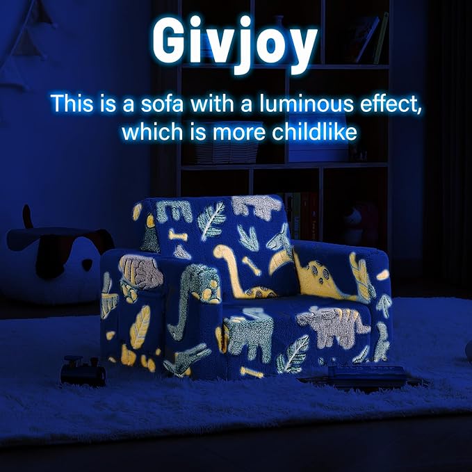 Toddler Chair Kids Couch, 2-in-1 Toddler Soft Sherpa Couch Fold Out Armchair Glow in The Dark with Removable Cover, Convertible Reading Chair Sofa for Kids, Plush Green Dinosaur