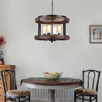 4-Light Large Rustic Farmhouse Wood Pendant Light Fixture with Adjustable Chain, 16.5 inch Oak Wood Drum Chandelier for Dining Room Kitchen Island Farmhouse Living Room Hallway, Black