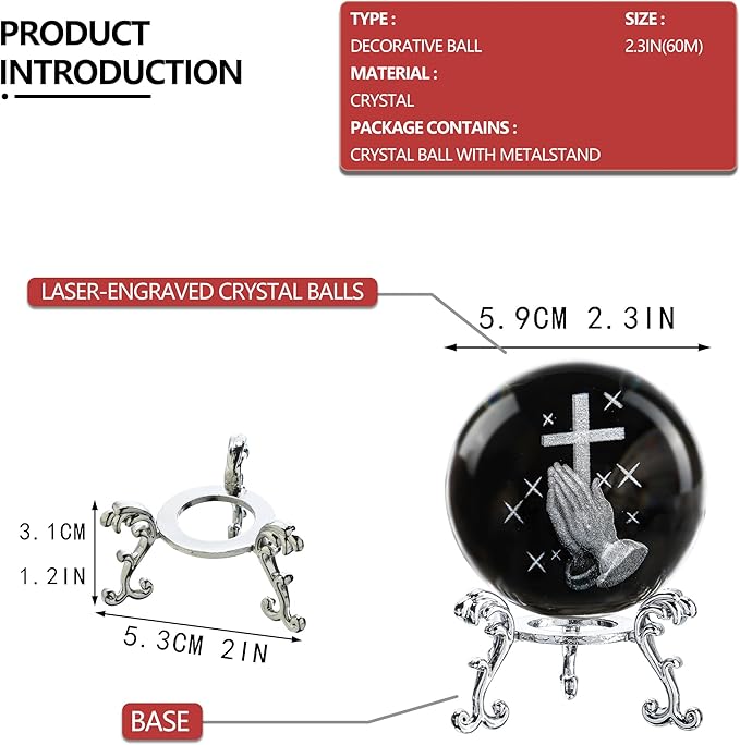 60mm 3D Laser Engraved Hand Holding A Cross Crystal Ball Figurine with Stand Christian Collectible Decoration for Home Office Praying Religious Gifts for Women
