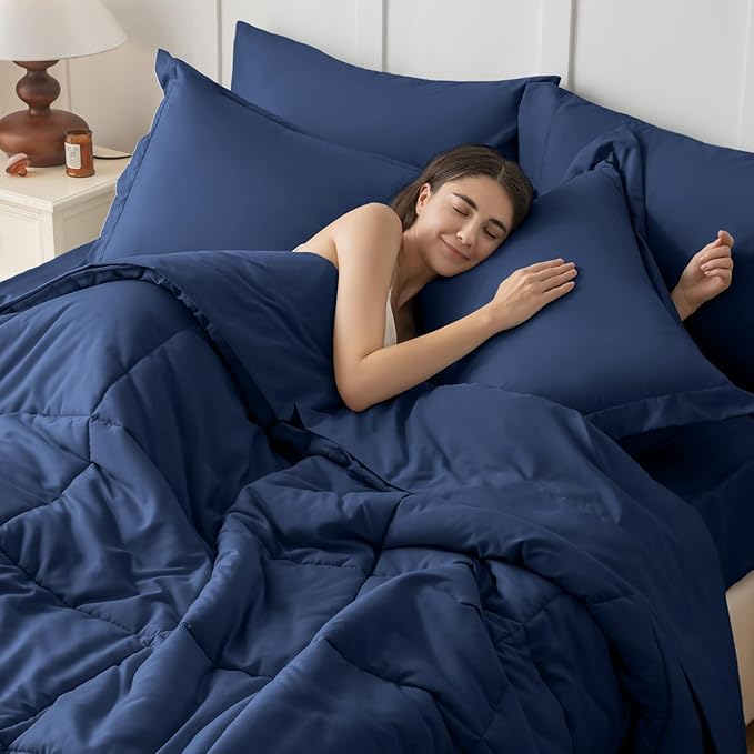 JOLLYVOGUE King Comforter Set, Ultra-Soft Bed in a Bag King Size 7 Pieces, Oeko-TEX Certified Bedding Set with Down Alternative Comforter, Sheets, Pillowcases & Shams, Navy