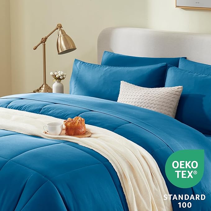 CozyLux King Size Comforter Set Teal, 7 Pieces Bed in a Bag, Teal Comforter King Size, All Season Bedding Sets with Stitch Quilted Comforter, Flat Sheet, Fitted Sheet, Pillowcases