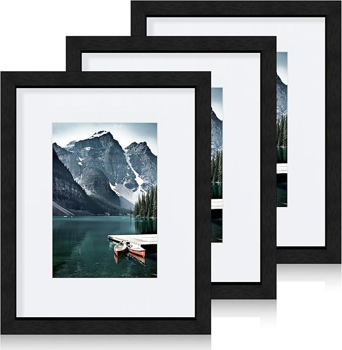 8x10 Black Picture Frames set of 3, Made of Wooden and Glass Photo frame - Displays Picture 5x7 with Mat or 8 x 10 without Mat, Desktop & Wall Collage Frame set