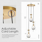 3-Light Raindrop Pendant Light Fixtures, Brass Glass Pendant Lighting, Teardrops Modern Hanging Light for Entryway Foyer Kitchen Island Dining Living Room Hallway