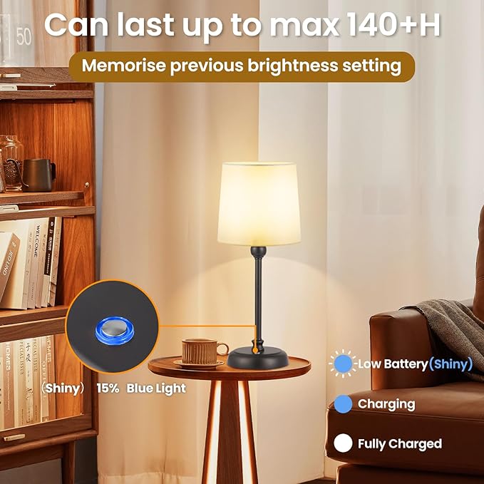 Cordless Small Table Lamp,6000mAh Rechargeable Battery Powered,LED Touch Control Dimmable Bedside Operated Night Table Top,Light for Bedroom/Home/Restaurant/Entryway/Dining/Living Room(Black-High)