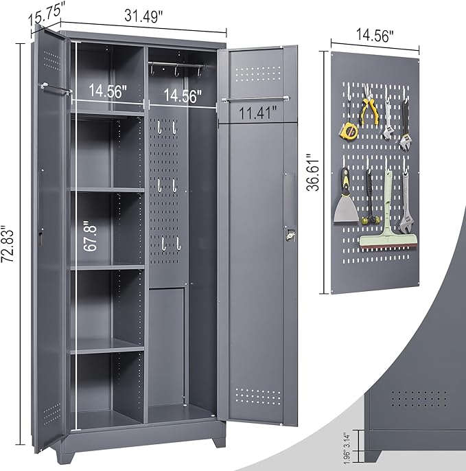 Lockable Storage Cabinet,Utility Closet with Doors and Shelves,SteelGarage Cabinet with Adjustable Shelves for Home,Garage,Gray