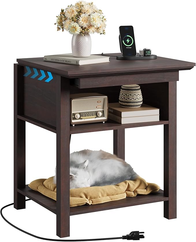 Rresyet Sliding Side Table with Charging Station & 2-Tier Storage,Farmhouse End Table, Wooden Nightstand for Bedroom & Living Room,Cherry