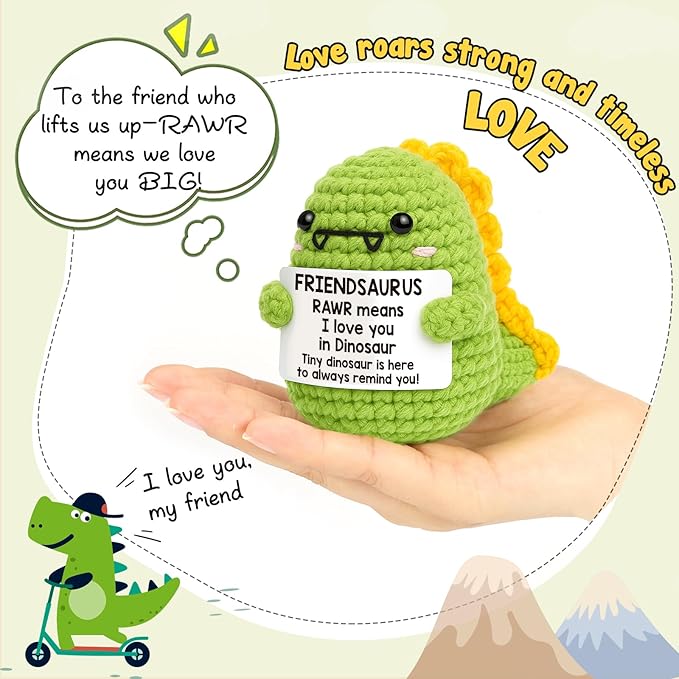 OCCdesign Mini for Women Christmas Birthday I Love You Friendsaurus Handmade Positive Crochet Dinosaur for Friendship Chrismas Inspirational Gift for Bestie Best Friends BFF
