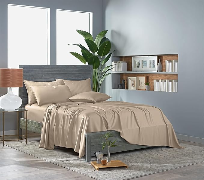 Pure Bamboo Full Sheets, Genuine 100% Organic Viscose Derived from Bamboo Bed Sheet Set, Luxuriously Soft & Cooling, Double Stitching, Lifetime Quality Promise (Full, Almond)