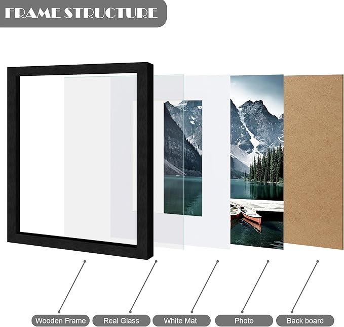 8x10 Black Picture Frames set of 3, Made of Wooden and Glass Photo frame - Displays Picture 5x7 with Mat or 8 x 10 without Mat, Desktop & Wall Collage Frame set