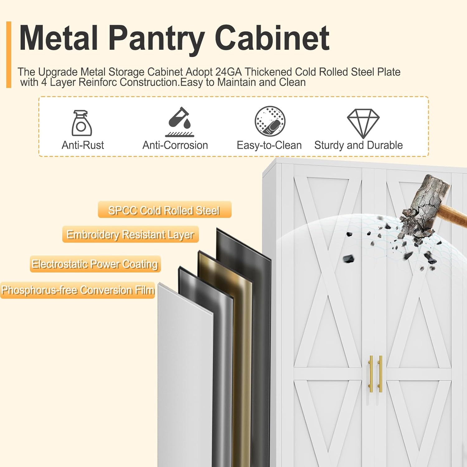 71" H Metal Kitchen Pantry Storage Cabinet, Freestanding Cupboard with 2 Doors and 4 Adjustable Shelves, Standing Storage for Kitchen, Bathroom, Garage, Dinning Room or Utility Room（White）