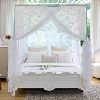 AIKASY Elegant Lace Princess 4-Poster Bed Canopy Mosquito Net - Romantic Wedding Bridal Bedroom Decor, Kids Room Bed Curtain for Women Adults - (White-4,Queen)