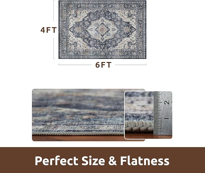 AMOAMI-4X6 Area Rugs for Living Room -Soft Vintage Bedroom Rugs-Non Slip Washable Rug-Throw for Living Room Bedroom Bedside Dining Room Office Blue