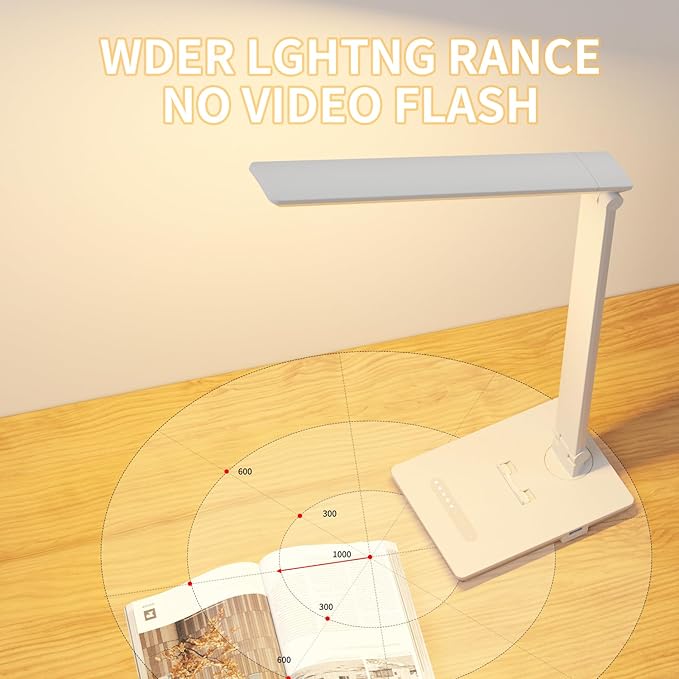 Desk Lamp with USB Charging Port, 14W 900LM Dimmable Eye-Caring Reading LED Desk Light for 9 Brightness Slide Touch & 5 Color Temperature Modes, Home Office Desktop Lamp, Small Study Lamp, White