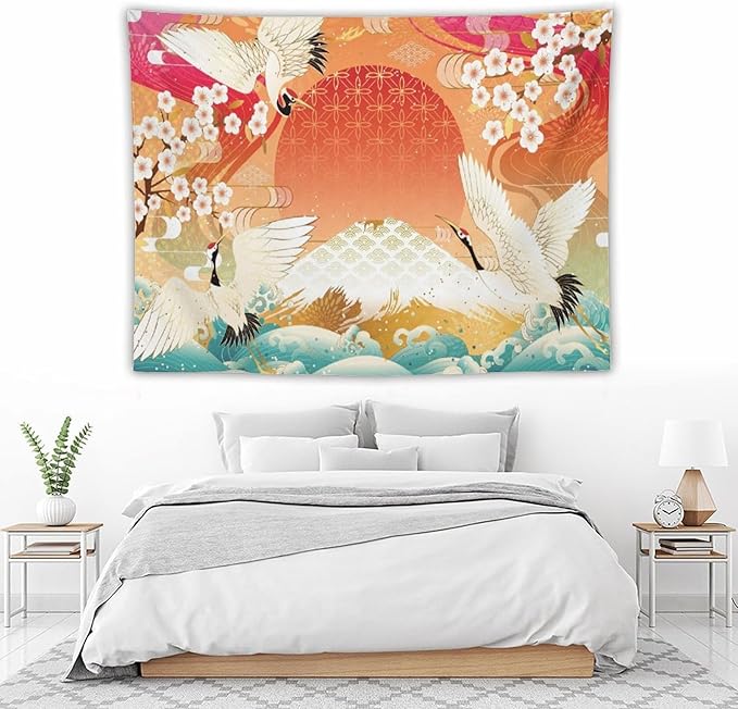 HZOHNAGO Japanese Tapestry Cherry Blossom Crane Sea Wave Fuji Mountain Red Sun Pattern Printed Wall Tapestry Painting Wall Hanging for Bedroom Living Room Dorm 80" W x 60" H