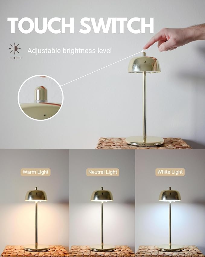 FLICKER Cordless LED Table Lamp with 3-Level Brightness, Dimmable, Rechargeable Battery, Perfect for Patio, Living room, Bedside, Restaurants, and Ambient Lighting - Modern Design (Golden)