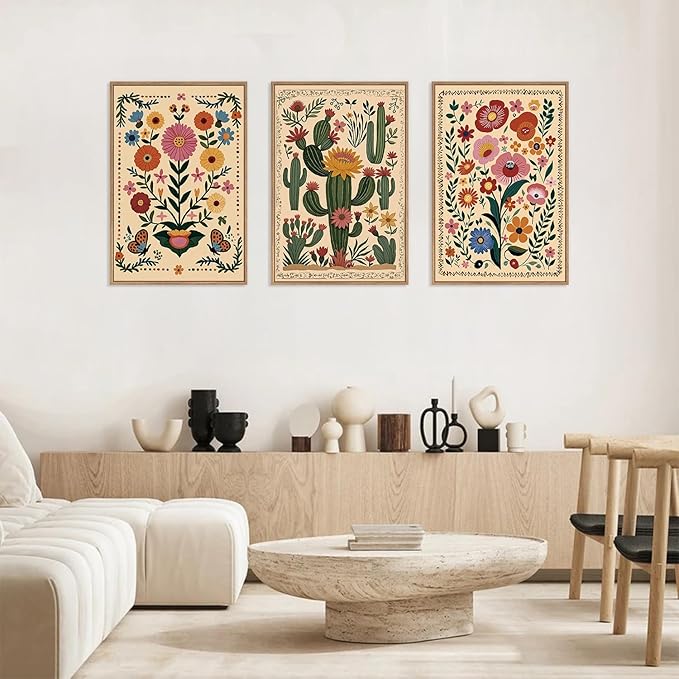 HLNIUC Vintage Flower Framed Canvas Wall Art,Colorful Desert Cactus Flower Wall Decor Set of 3(16”x24”)Boho Botanical Floral Butterfly Wall Painting,Large Desert Plant Art Print for Living Room,Office