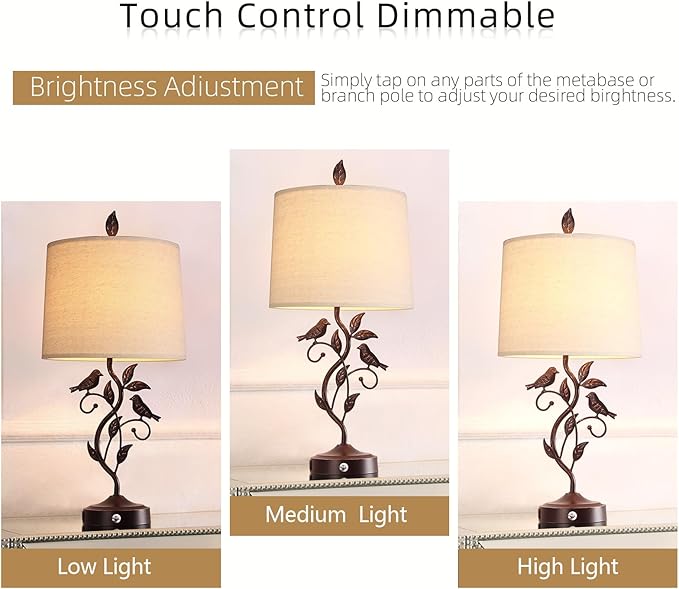 27" Set of 2 Touch Farmhouse Table Lamps for Living Room with 3-Way Dimmable 2 USB Ports, Vintage Rustic Iron Leaf Nightstand Lamp for Bedroom, LED Bulb Included (‎Bronze)