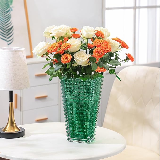 MCMCNCUIU Crystal Glass Vase, Large Crystal Vases for Flowers, Large Flower Vase, Green Modern Vases for Living Room, Bedroom, Kitchen, Dining Table, Mantle, Wedding, 11 Inches
