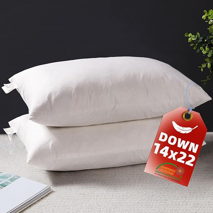 YSTHER Down Feather Throw Pillow Inserts 14x22 Set of 2 Firm Large Lumbar Pillows for Bed Decorative Couch Soft Pillows for Sleeping Indoor White Cotton Pillow Sofa Travel
