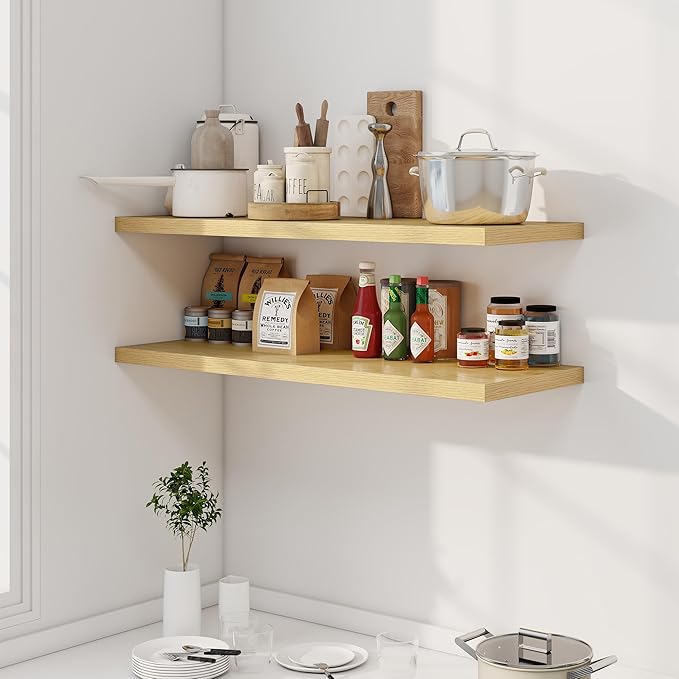 Dreamland 40" Floating Shelves for Wall, 12" Deep Slim Oak Floating Shelves, Wall-Mounted Shelves for Bedroom, Living Room, Kitchen, Bathroom - Set of 2