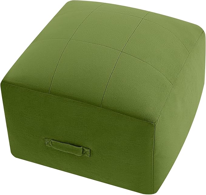 MeMoreCool Square Stuffed Pouf Ottoman Foot Rest, Floor Pouf Foot Stool with Foam Chunk Filling, Soft Stuffed Ottoman Footrest for Living Room, Green