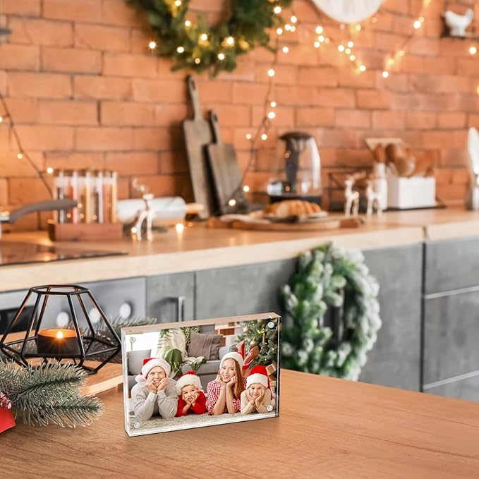 TWING 5 Pack 4 x 6 Acrylic Frame, Horizontal Magnet Double Sided 4x6 Picture Frame,12+12MM Thick Clear Frameless Desktop Display Self Standing Magnetic Acrylic Block Photo Frame