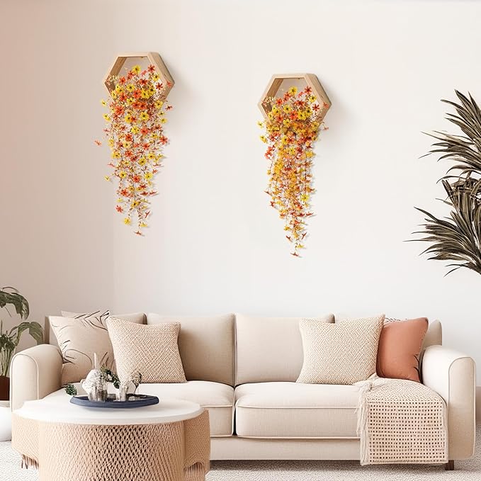 Artificial Fake Hanging Fall Flowers for Outdoor Decoration,2 Pcs Fake Silk Plant Daisy Realistic UV Resistant for Home Indoor Porch Patio Wall Balcony Yard(Orange Yellow)