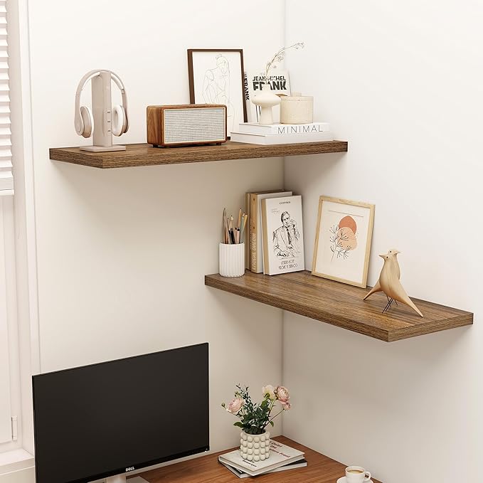 36" Floating Shelves for Wall, 12" Deep Slim Walnut Floating Shelves, Wall-Mounted Shelves for Bedroom, Living Room, Kitchen, Bathroom - Set of 2