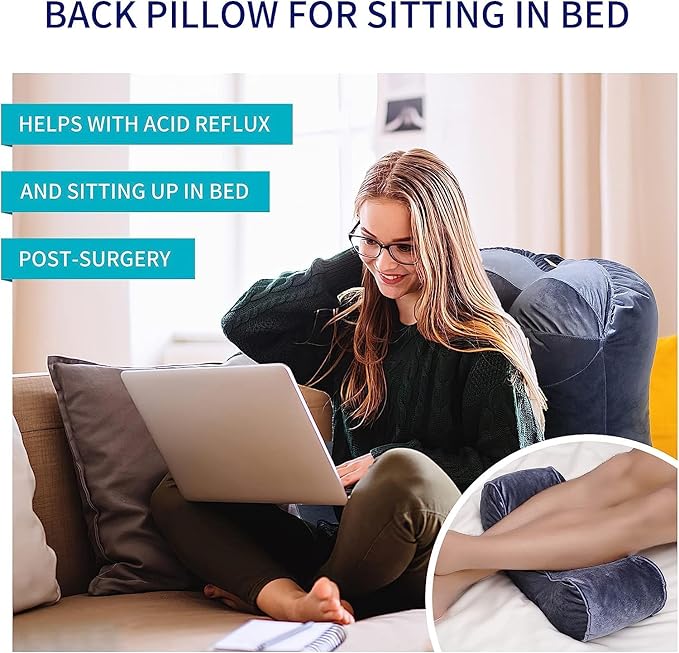 Reading Pillow Adults 31’’, Backrest Pillow with Arms for Sitting in Bed Couch Shredded Memory Foam, Back Pillow with Leg Pillow and Pockets for Reading/Gaming/Relaxing,Black