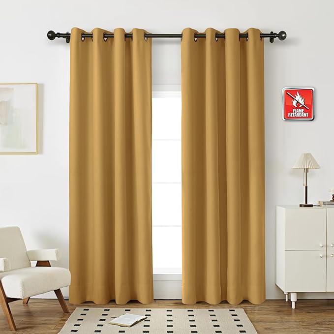Fcosie 52" Wx108 L Inherent Flame Retardant Curtains - Room Darkening Drapes for School Classroom Dorm Nursing Home Restaurant- Antique Bronze Grommet Top Privacy Window Drapery - Oak - 2 Panels