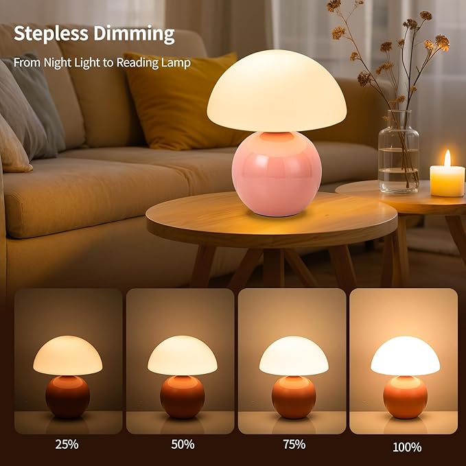 Mushroom Table Lamp, Ceramic Base with Milky White Glass Shade, Vintage Dimmable Bedside Nightstand Lamp for Bedroom, Reading, Home Décor, Gift for Friends Pink