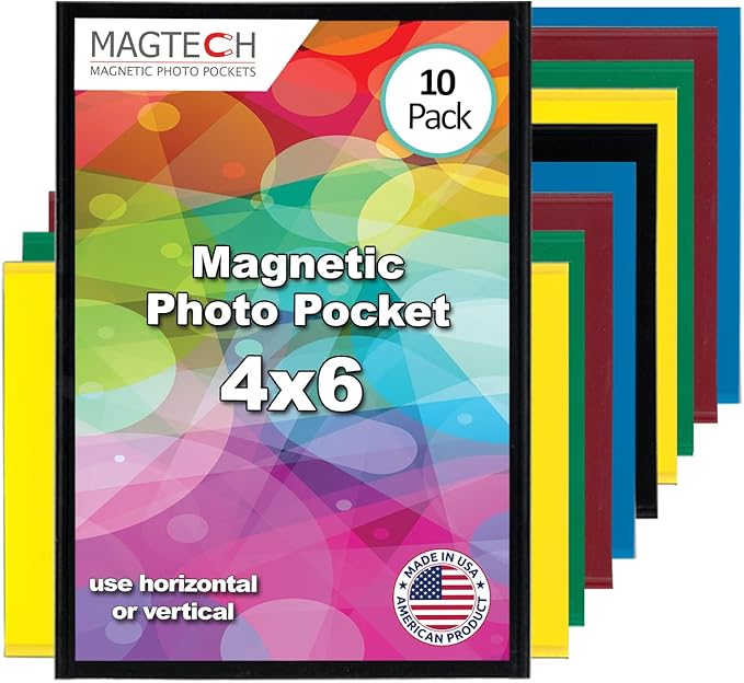 Magtech Magnetic Photo Pocket Picture Frame, Color Pops, Holds 4x6 Inch Photos, 10 Pack Assorted Colors, Made in the USA (94610)