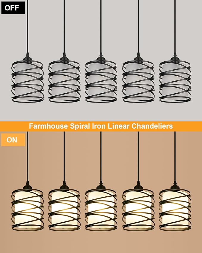 Black Pendant Lights Kitchen Island, Farmhouse Chandeliers for Dining Room 5-Light Pendant Light Hanging Linear Chandeliers, Kitchen Island Lighting with Frosted Glass Shades
