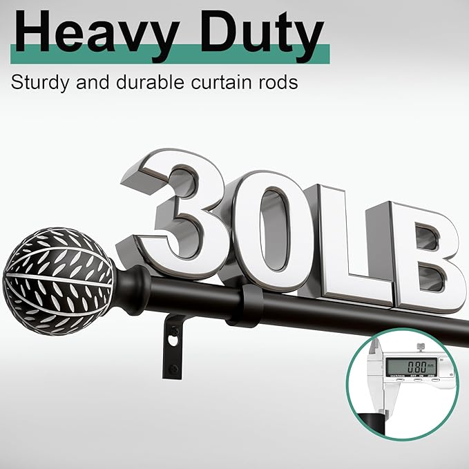 Black Curtain Rods for Windows 72 to 144 Inch,1'' Diameter Drapery Rods with Leaf Pattern Finials,Decorative Adjustable Heavy Duty Curtain Rods Set,36-150''