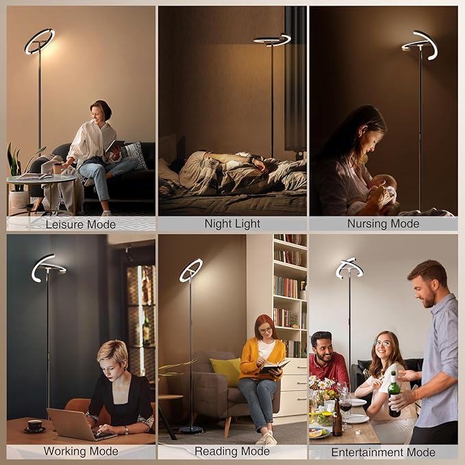 FIMEI Split Floor Lamp Modern LED Rotatable Floor Lamp, Eye-Protection Reading Standing Lamp with Stepless Dimming and 3000K-6000K Color, Separately Rotatable Design, Black