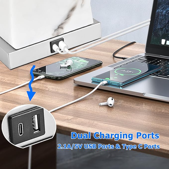 24" Silver Touch Table Lamp Set of 2 with USB Ports, 3-Way Dimmable Bedside Nightstand Lamps for Bedroom Living Room End Tables, Night Stand Light Side Lamp Faux Silk Shade, Bulbs Included